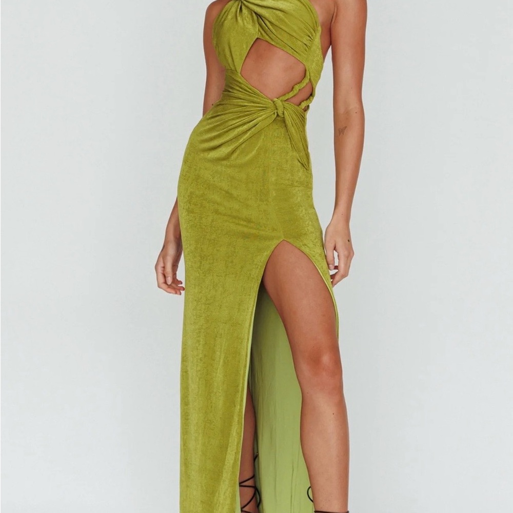 Luxxel Olive Cutout Halter Maxi Dress with High Slit